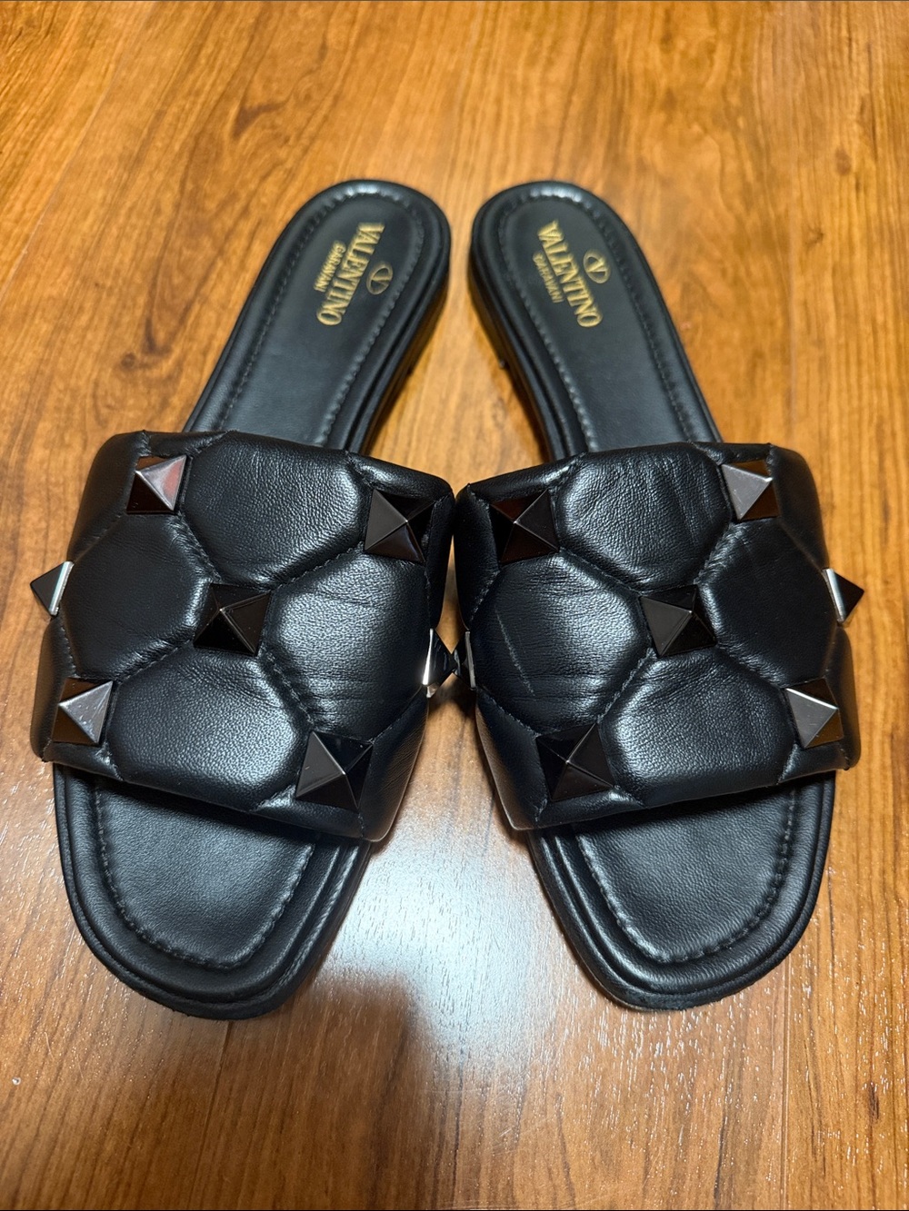 Valentino Garavani Black Quilted Rockstud Slide Mules